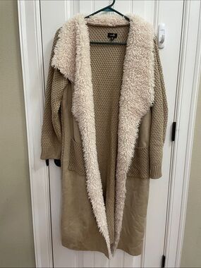 Faux suede and sweater Open Front Cardigan with sherpa look collar trim
